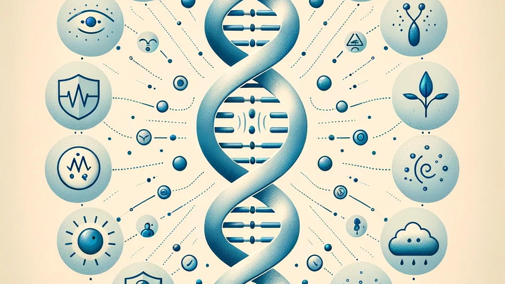 A softly-shaded blue DNA double helix stands elegantly in the center of a gentle cream background. Surrounding it are various icons representing perso