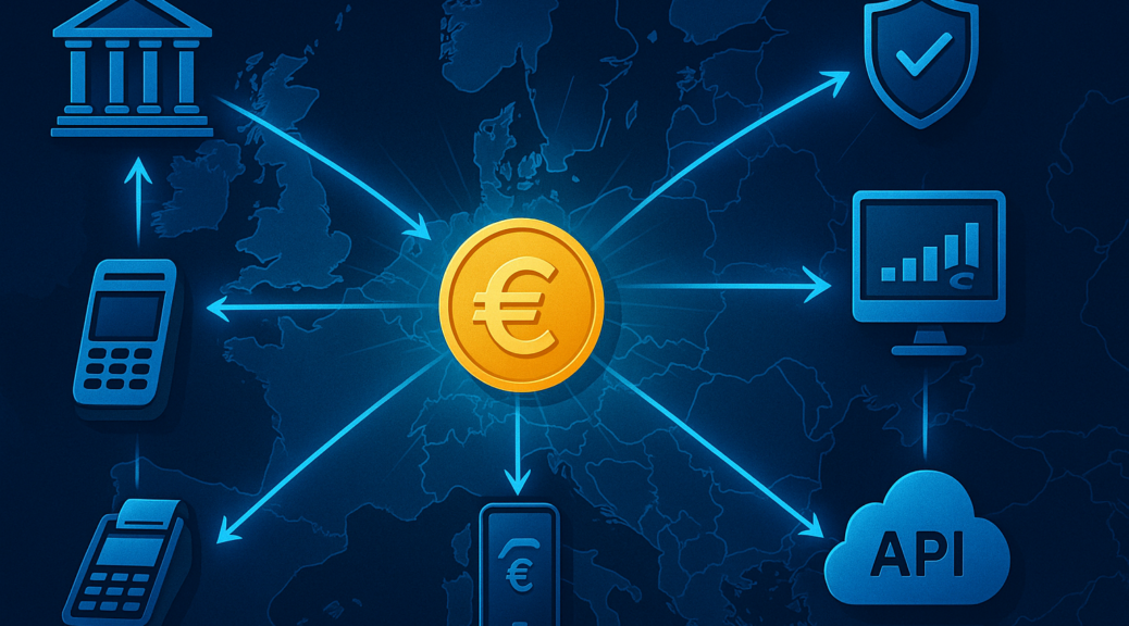 Editorial illustration of instant payments network in Europe for banks and PSPs