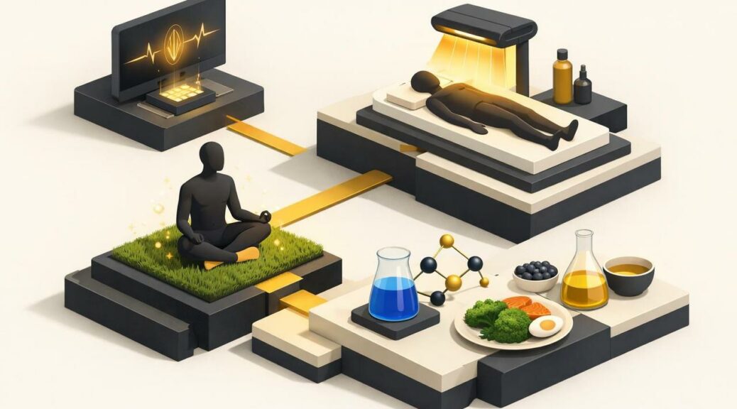 Editorial illustration for: Boosting Body Electrons: Earthing, Infrared, Methylene Blue, Diet